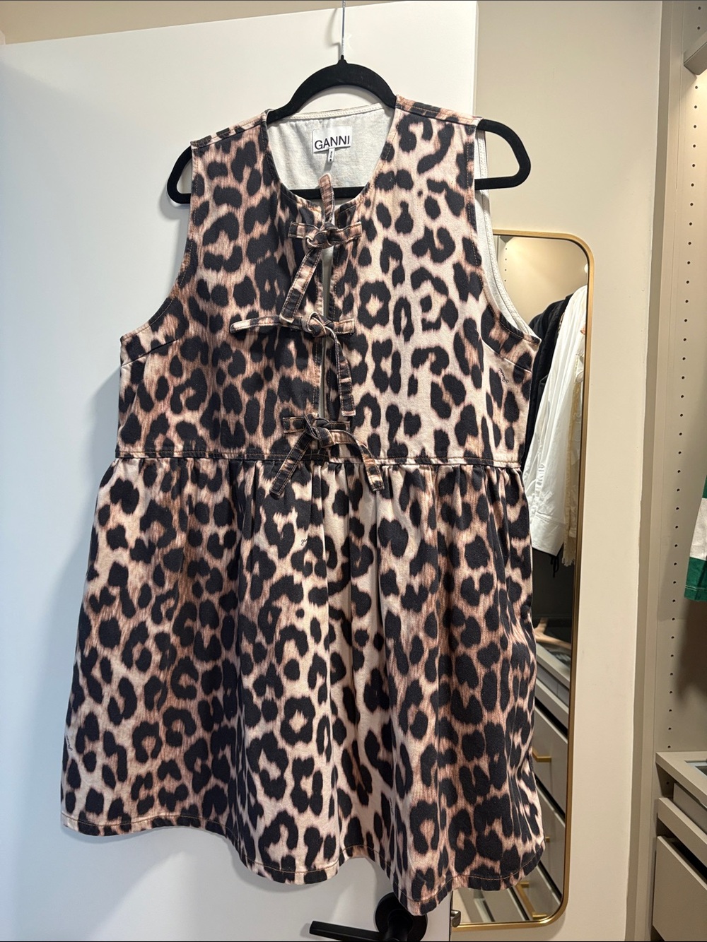 Ganni Brown Denim Leopard Print Sleeveless Dress